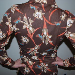 VINTAGE RARE 1970s Disco Shirt Polyester Pointed Collar Butterflies & Iris print